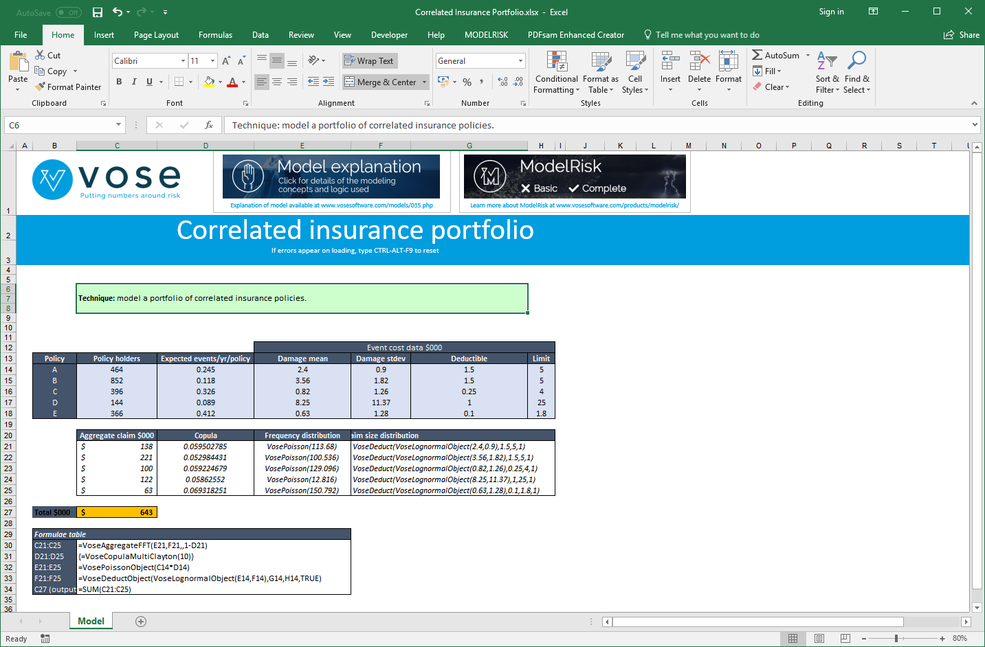 correlated insurance simulation example model spreadsheet view