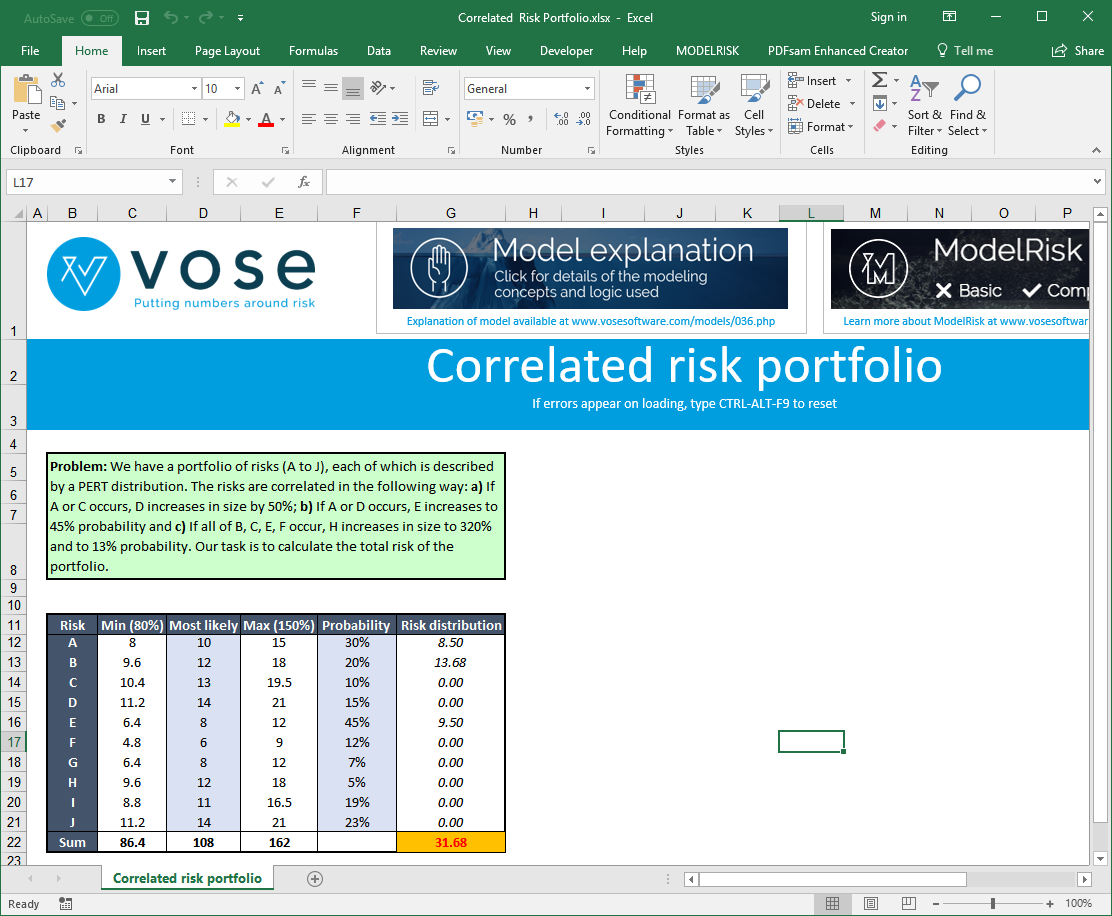 correlated risk portfolio example simulation model spreadsheet view