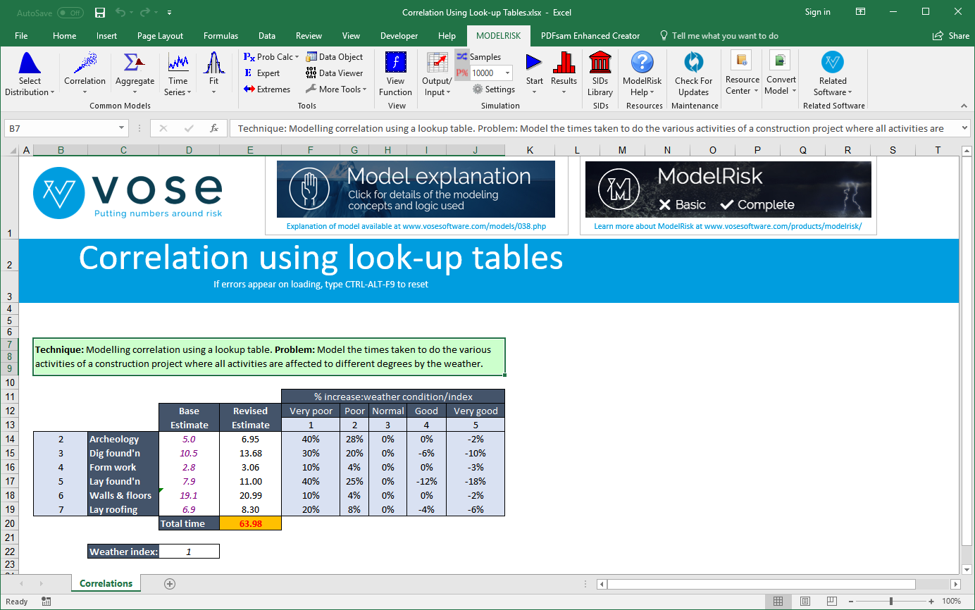correlation using lookup tables simulation example model spreadsheet view