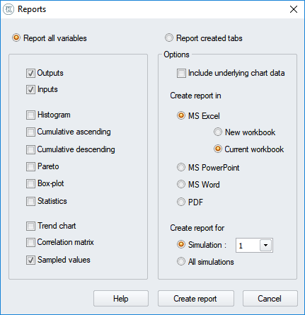 ModelRisk export report settings