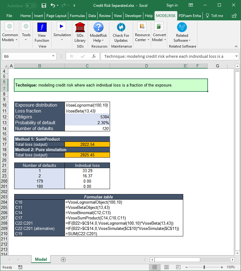 credit risk single portfolio simulation example model spreadsheet view