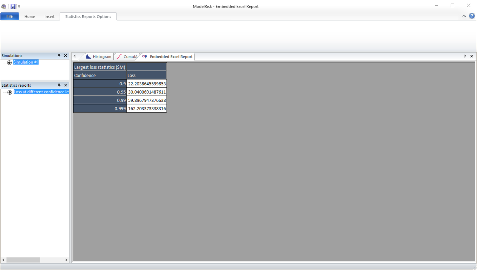 Example model simulation results statistics report