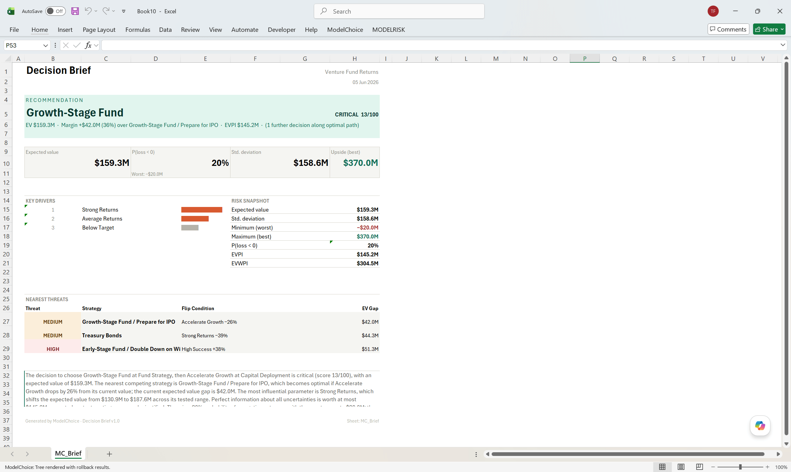 Single-page board-ready Decision Brief generated by ModelChoice