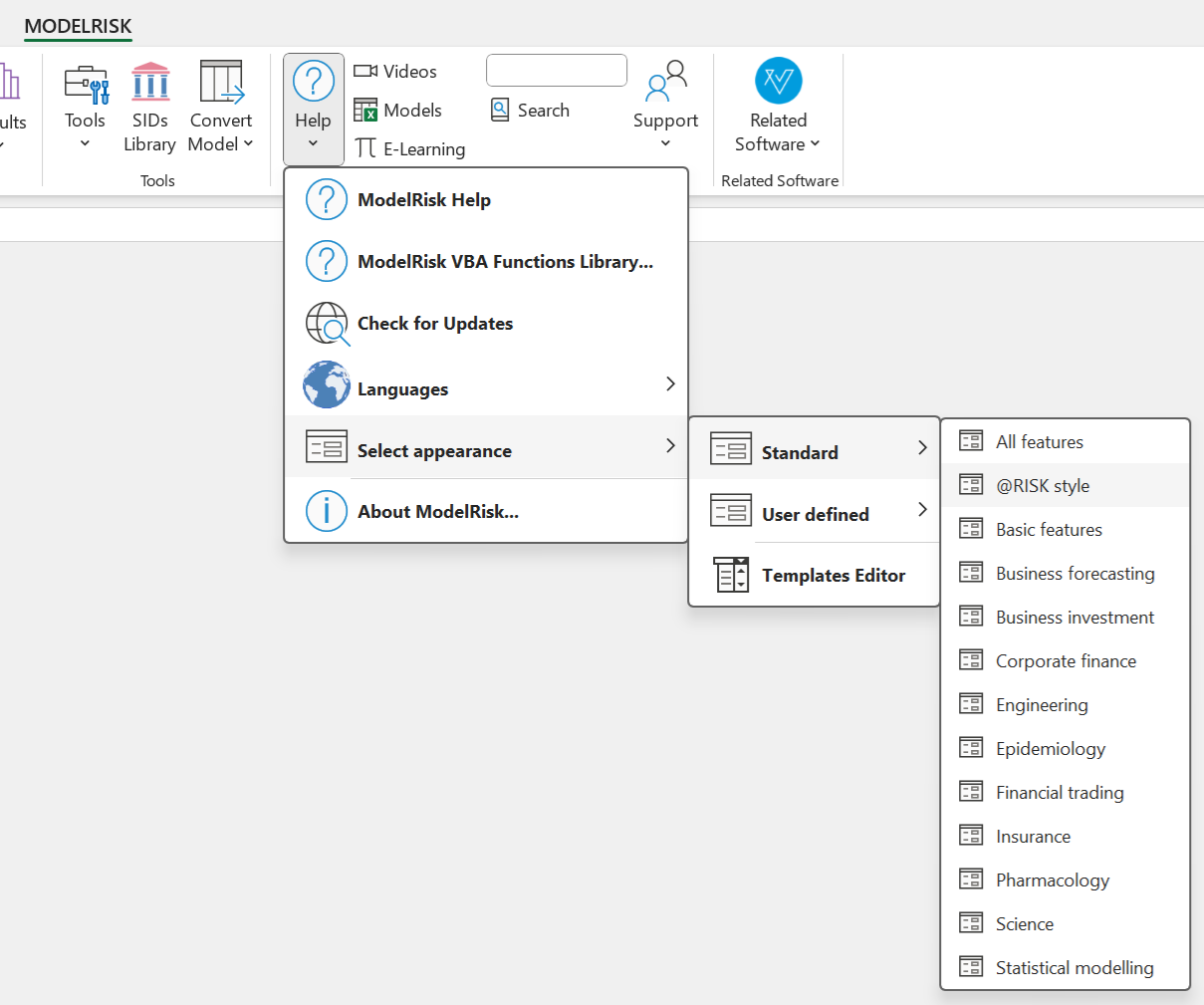 ModelRisk @RISK style menu