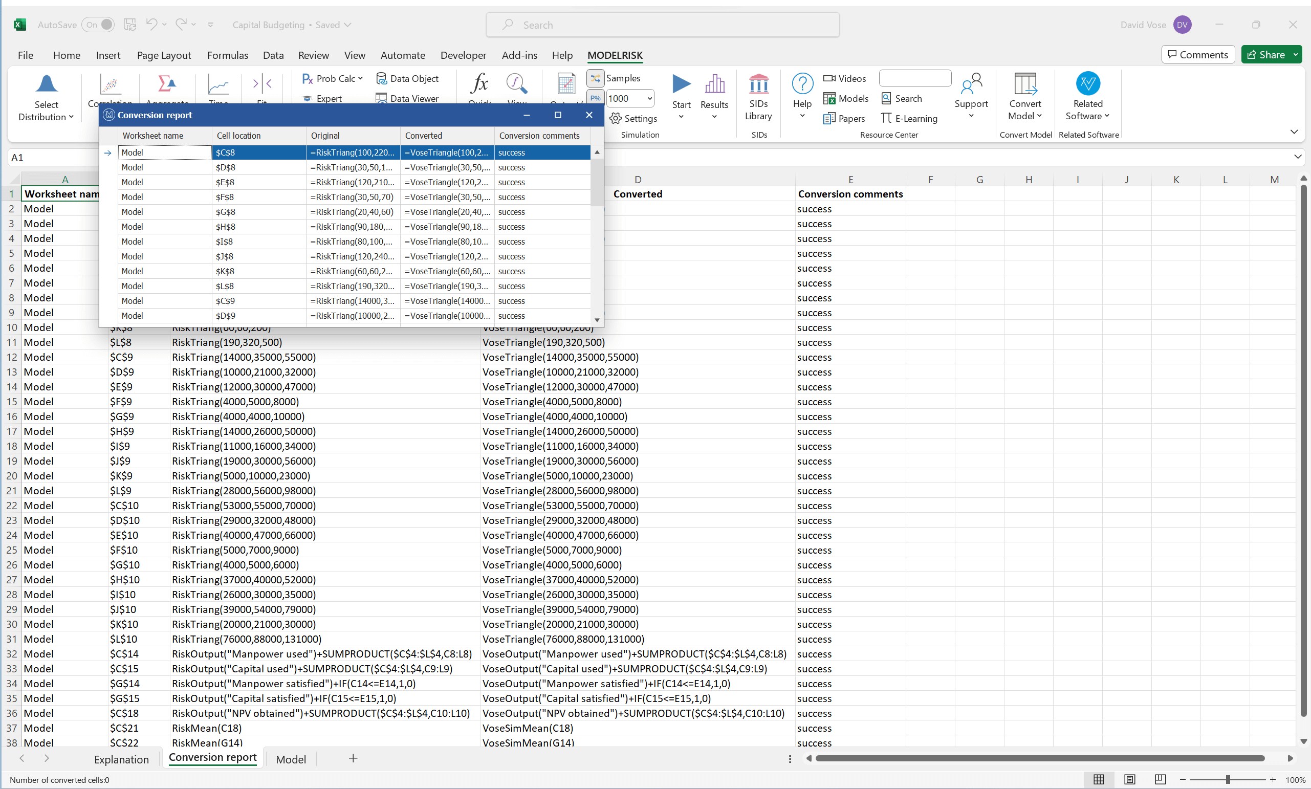 Result of converting risk analysis model from risk to modelrisk