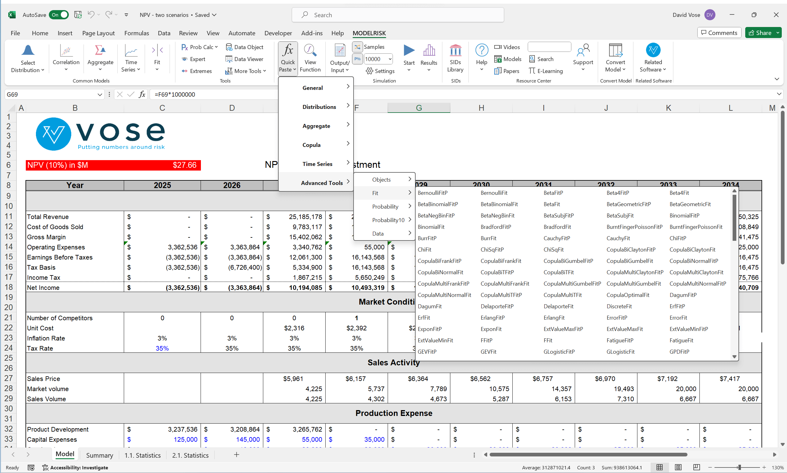 Overview of the wide range of risk analysis function in Excel