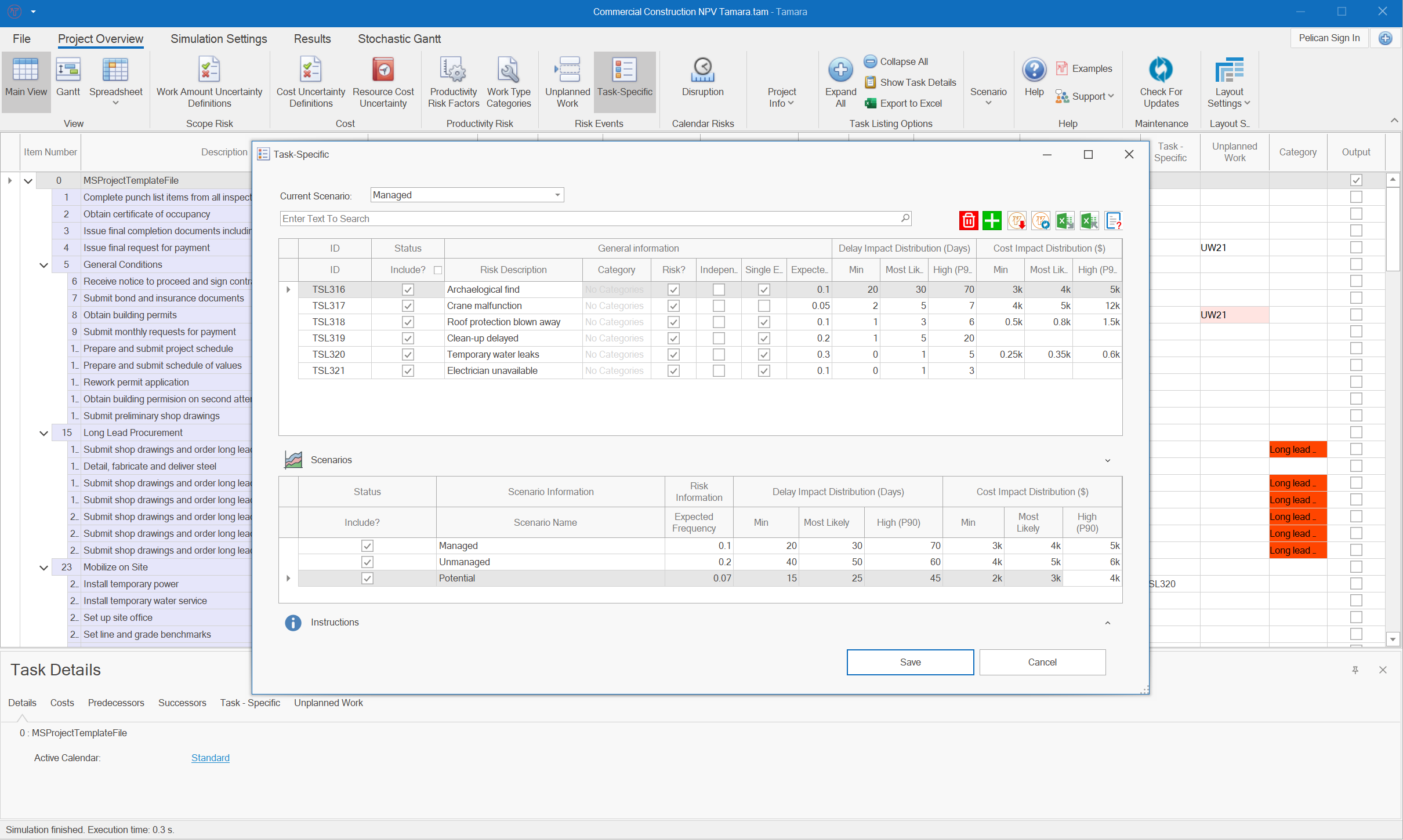 Tamara interface for defining a project risks resulting in a delay to a task