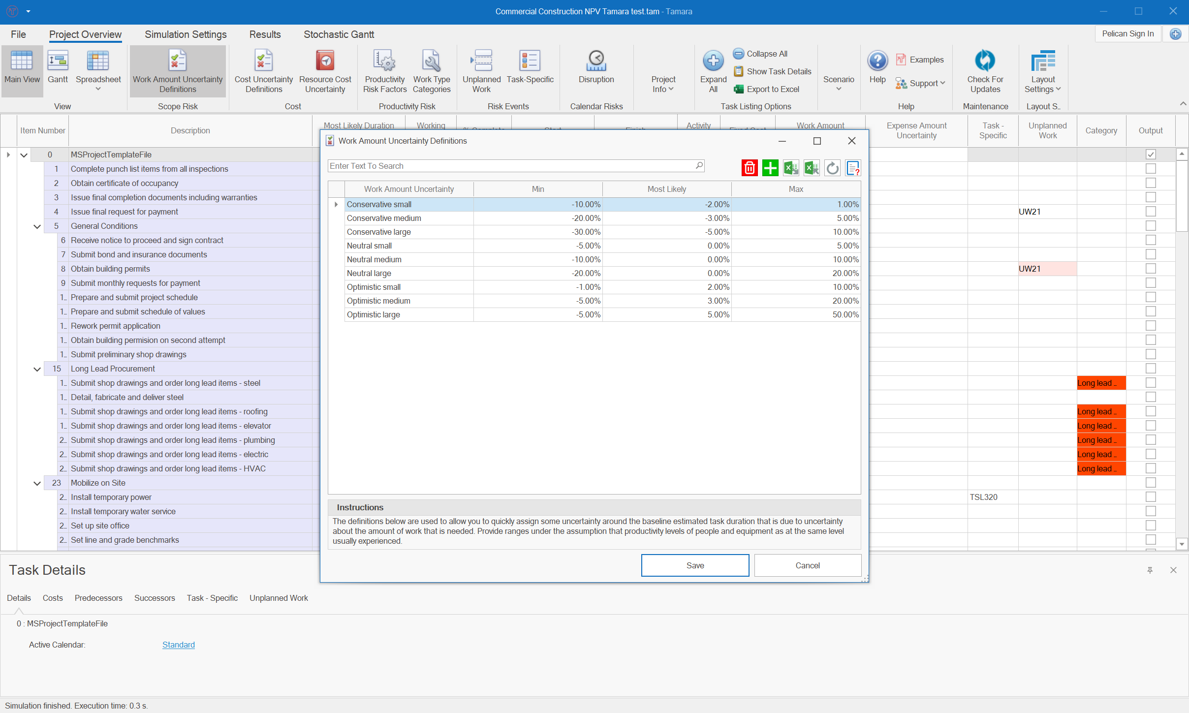 Tamara interface to assign Project Cost and Work Amount Uncertainty