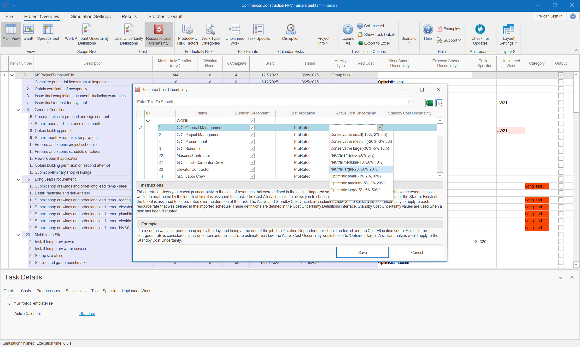 Tamara interface to assign Project Resource Uncertainty