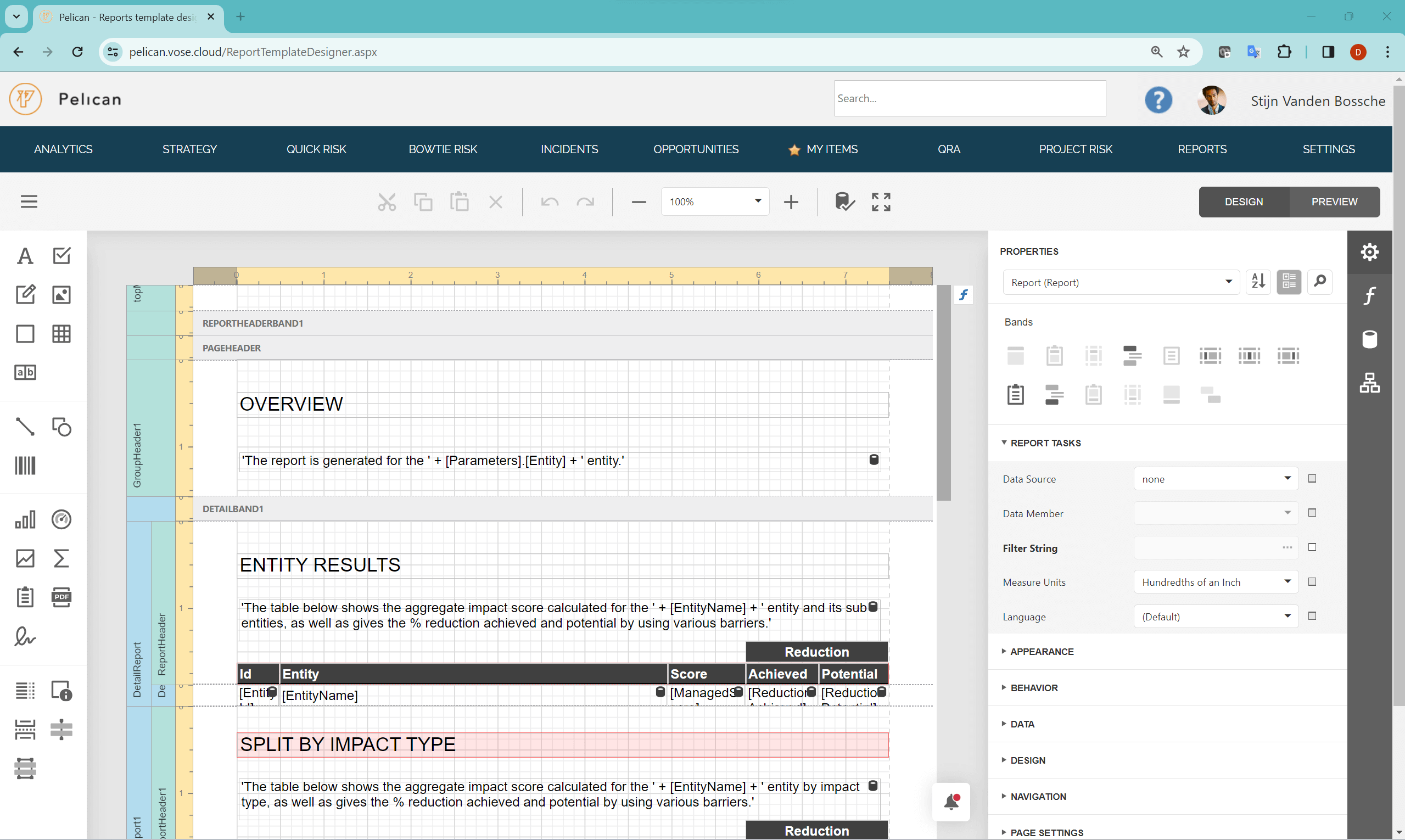 Report template designer visual interface